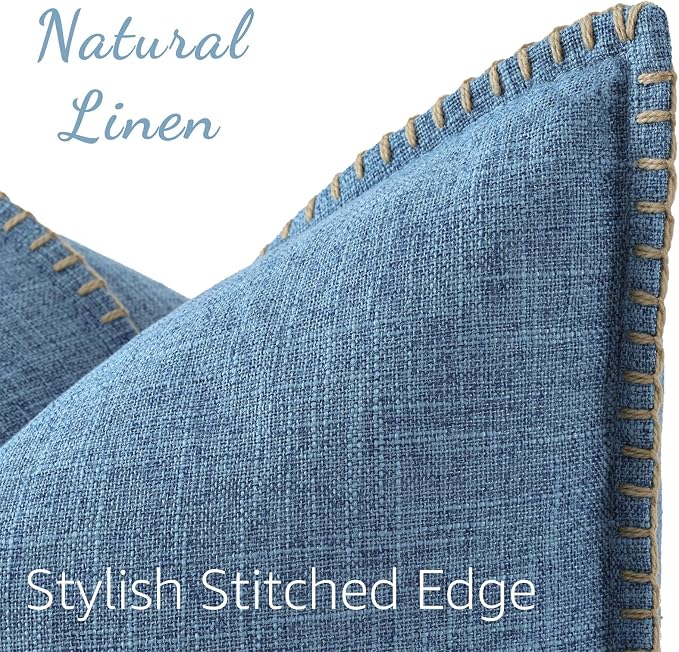 decorUhome Blue Faux Linen Outdoor Throw Pillow Covers 22x22 Set of 2 | Fall Decorative Textured Neutral Modern Farmhouse Pillow Covers with Stitched Edge for Couch Sofa Bed Living Room