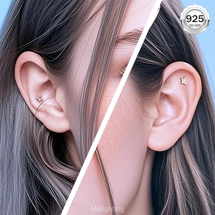 Melighting 16G Sterling Silver 925 Helix Earring Internal Thread 6/8 mm Heart Flat Back Earring Star Lip Stud Labret Cartilage Lip Piercing Jewelry for Women