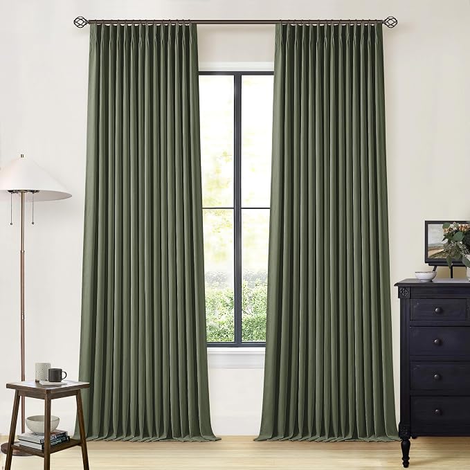 TWODRAPES Olive Green Blackout Linen Curtains 108 Inches Long Pinch Pleated | 100% Black Out Curtains Lined 2 Layers, Memory Shape, Noise Reducing, Room Darkening, for Living Room Window, 40x108 2 Panels