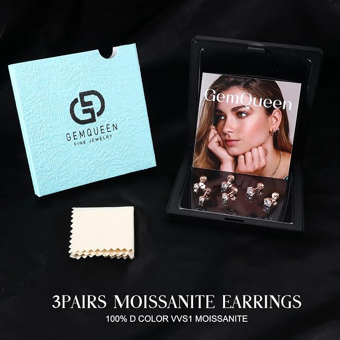 GEMQUEEN 3/4 Pairs Moissanite Earrings Studs 14K Gold Plated S925 Sterling Silver Flat Back Earring for Women Men - Hypoallergenic Set Cartilage Helix Piercing Jewelry Trendy D Color VVS1