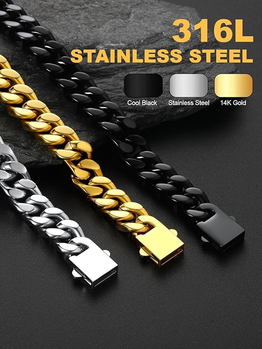 U7 Cuban Link Bracelets for Men Stainless Steel Wrist Bracelet Silver Black Gold Cuban Hand Chain Bracelet for Mens Women, 5/7/9/12mm Width, 7.5/8.3/9 Inch Length Classic Jewelry with Box Packed