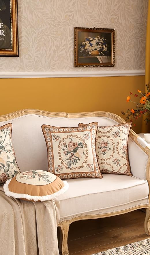 patdrea French Vintage Linen Throw Pillow Cover,Set of 4-ParkerEstate | Decorative Pillow Case with Zipper,Bird and Floral Pattern,Cushion Coverfor Couch Living Room Bedroom Sofa