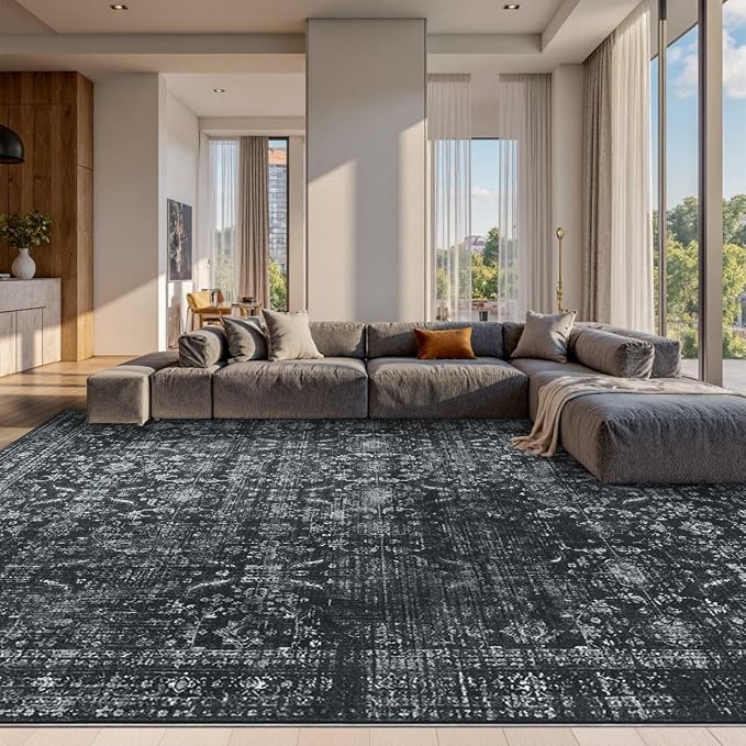 Rugxara Black 10x14 Area Rugs for Living Room Bedroom Large Washable Rug | Non Slip, Rug for Dining Room Office Farmhouse, Stain Resistant, Soft, Low Pile, Vintage Boho Retro Carpet, Home Decor