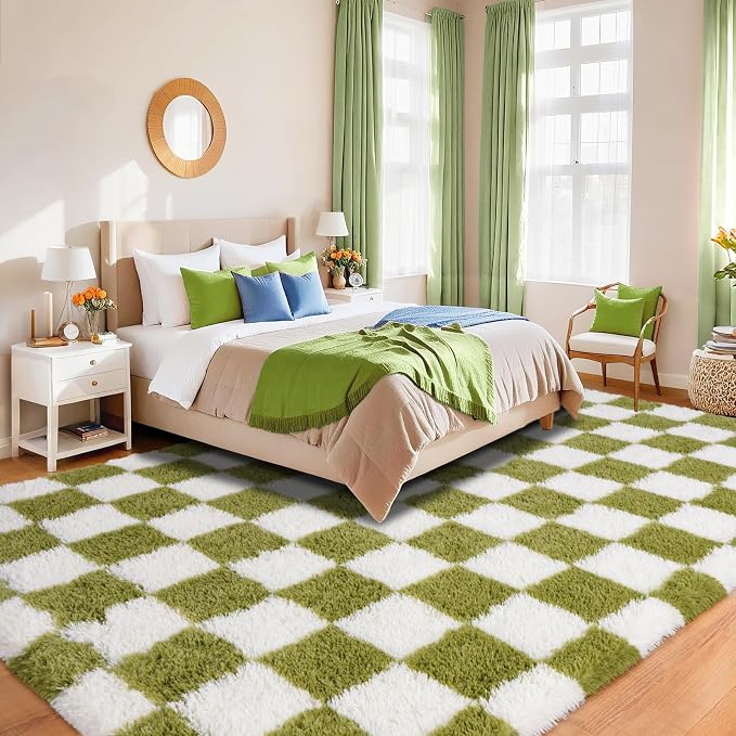 Pionblank 8x10 Area Rugs for Living Room, Fluffy Plush Checkered Rug for Bedroom, Shag Non Slip Soft Furry Large Carpet for Kids Room Nursery Home Decor, Grass Green and White