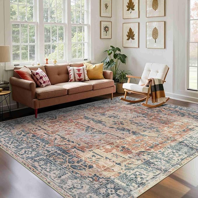 Rugxara Area Rugs 5x7 Washable Rug for Living Room Bedroom, Coral Blue | Non Slip, Rug for Dining Room Office Farmhouse Dorm, Stain Resistant, Soft, Vintage Boho Retro Carpet, Low Pile, Home Decor