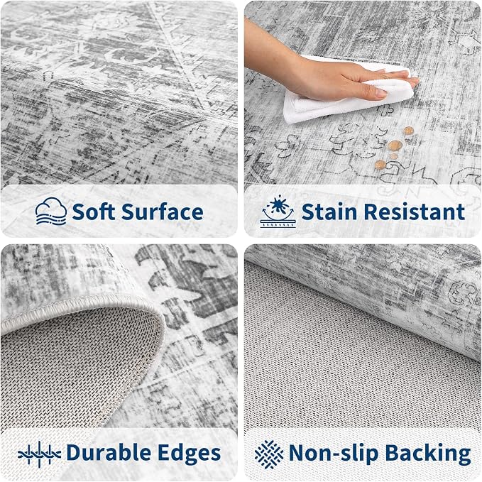 Garvee Grey 9x12 Area Rugs for Living Room, Boho Vintage Non-Slip Washable Rug Low Pile Stain Resistant Soft Foldable Large Carpet for Bedroom Dining Home Decor