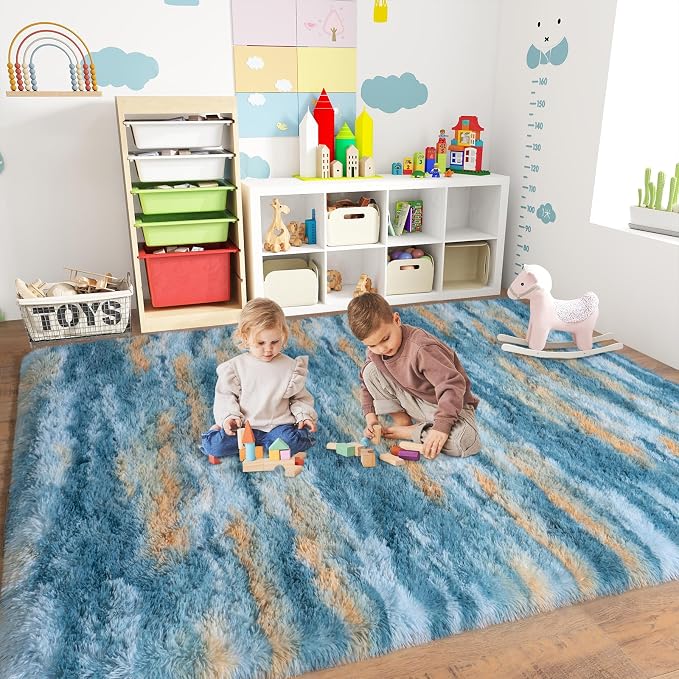 Dssimo Blue and Yellow Rugs for Living Room Bedroom, 4x6 Shaggy Area Rug | Large Plush Furry Upgrade Non-Slip Abstract Rug for Nursery Kids Room Dorm Room Home Decor, Modern Indoor Floor Carpet