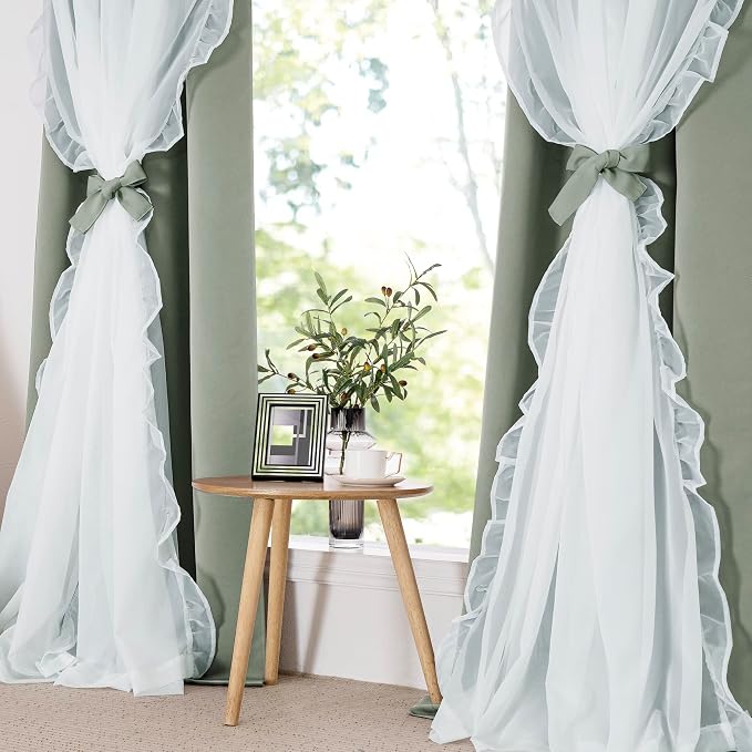 PONY DANCE Blackout Curtains for Whimsical Forest Teen Room, Double Layer Drapes Ruffle Sheer Overlay Farmhouse Rustic Design, W 52 x L 84 Inches, Sage Green, 2 Panels