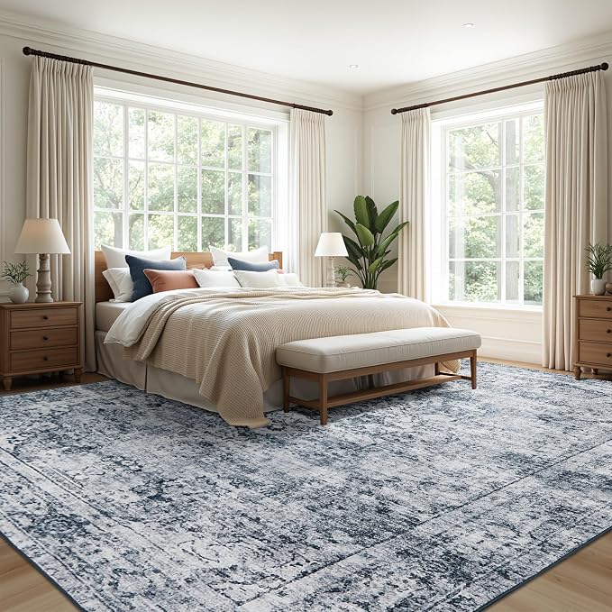 Joydeco 9x12 Area Rugs for Living Room, Non Slip Machine Washable Vintage Rug, Low Pile Chenille Print Rugs for Bedroom, Dining Room, Home Office, Pet & Child Friendly, Light Grey
