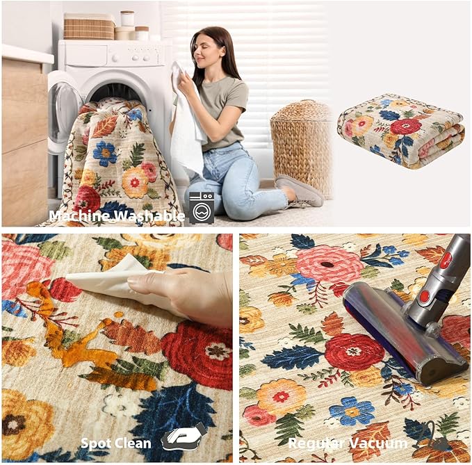 4x6 Washable Area Rugs for Bedroom: Small Living Room Rug with Non Slip Backing Low Pile Soft Faux Wool Distressed Vintage Floral Throw Rugs for Kitchen Entryway Office Nursery Entrance Enytry Indoor
