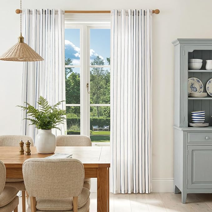 Vangao Striped Curtains Blue on White Semi Sheer Curtains 84 Inches Long for Living Room Bedroom Modern Farmhouse Linen Textured Light Filtering Drapes 2 Panels Blue W50 x L84 Inch