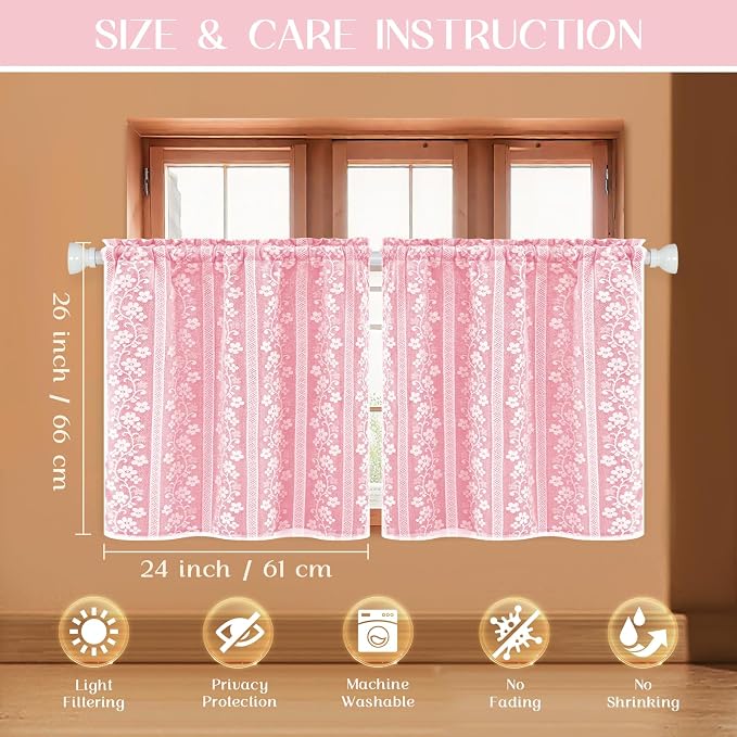 ASPMIZ Pink Kitchen Curtains Double Layer Curtains with Linen Lace, Linen Kitchen Window Curtain 24 inch Length Farmhouse Tier Curtain for Small Windows Rod Pocket Window Treatments for Cafe Bathroom