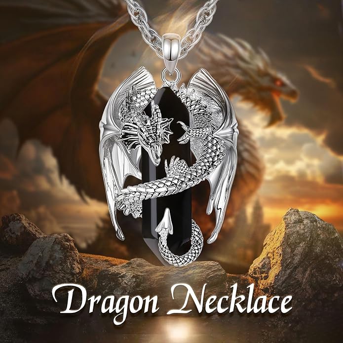 INFUSEU Unique Dragon Necklaces with Healing Crystal Stone for Men Women, Personalized Spiritual Gifts, 24 Inch Chain