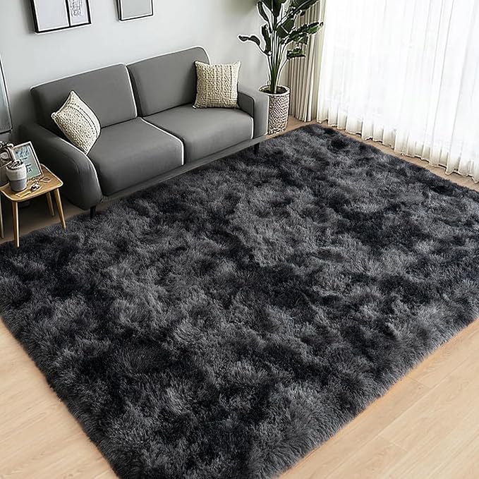 Large Area Rugs for Living Room Bedroom 9x12 Black Grey Shag Rugs | Ultra Soft Fluffy Shaggy Plush Fuzzy Modern Indoor Throw Floor Carpet for Kids Girls Boys Dorm Nursery Home Decor Aesthetic
