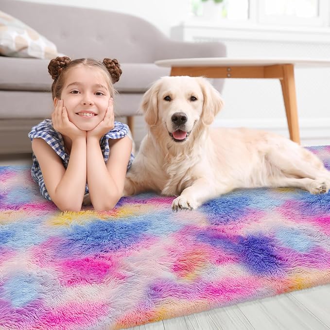 Hot Pink Rainbow Rug for Girls Bedroom Runner 2x6, Fluffy Soft Bedroom Runner Rug for Bedside, High Pile Plush Shag Carpet for Kids Room Living Room Hallway Nursery Unicorn Home Decor Tie Dyed