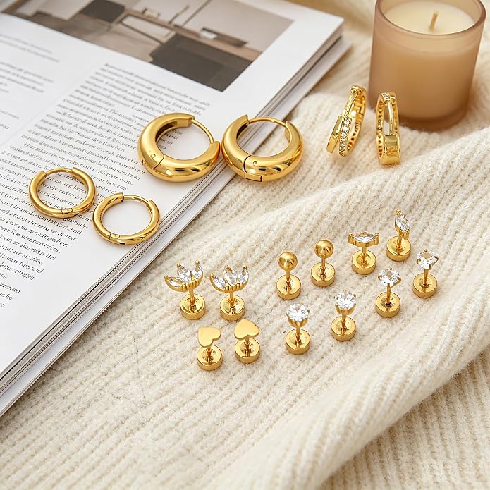 Stainless Steel Stud Earrings Set for Women Hypoallergenic Flat Back Cartilage Earrings Screw Back Huggie Hoop Earrings Multiple Piercing Cubic Zirconia Helix Tragus Jewelry