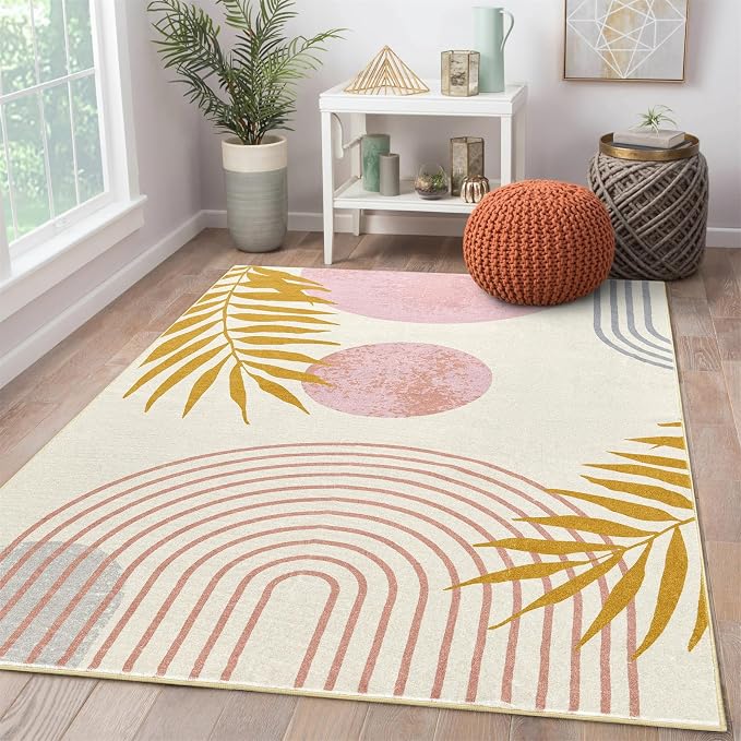 RoomTalks Cute Pink Nuresry Rug Washable, Boho Modern Contemporary Aesthetic 5x7 Area Rugs for Bedroom Dining Living Room Dorm, Abstract Art Tropical Leaves Thin Indoor Entryway Rug Carpet