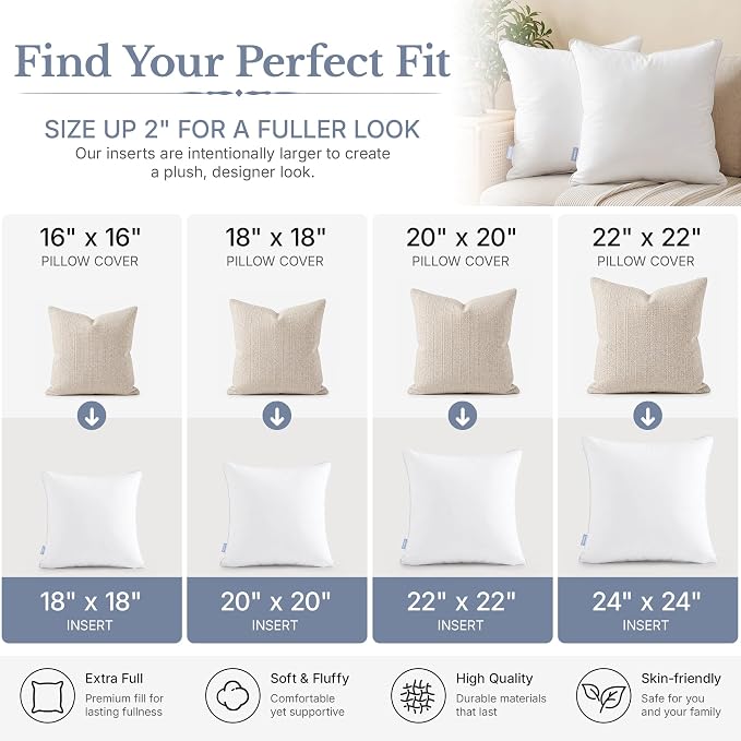 Leeden 16 x 16 Pillow Inserts (Set of 2) -Throw Pillow Inserts with 100% Cotton Cover - 16 Inch Square Decorative Pillows for Sofa, Couch, Bed and Home Decor