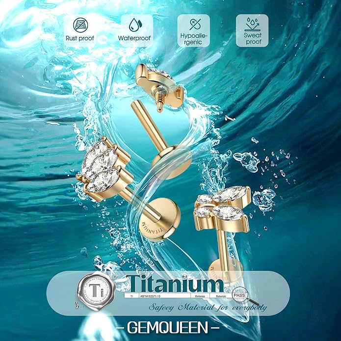 GEMQUEEN G23 Implant Grade Titanium 18G Internally Threaded Flat Back Earrings 5A CZ Studs: 14K Gold Hypoallergenic 3 Pcs Tragus Cartilage Conch Helix Piercing Jewelry for Sensitive Ears Women Men