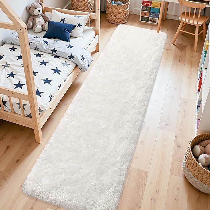 2x10 Feet White Soft Runner Rug for Bedroom Bedside, Fluffy Washable Long Runner Carpet for Hallway, Entryway, Dorm, Cute Furry Area Rug for Kids Girls Room, Nursery, Playroom, Home Decor