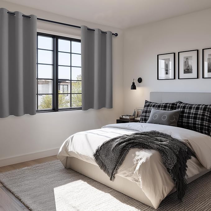 Hiasan Short Blackout Curtains for Bedroom - Thermal Insulated & Light Blocking Window Curtains for Living Room, 2 Drape Panels Sewn with Tiebacks, Light Grey, 42 x 45 Inch