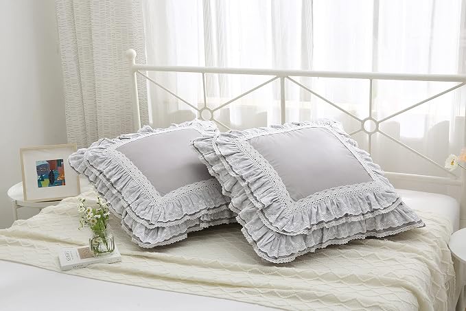 Light Gray Lace Euro Shams Luxury Throw Pillow Covers Cushion Cases with Ruffles Cotton 26"X26" Zipper Closure Elegant 2-Pack