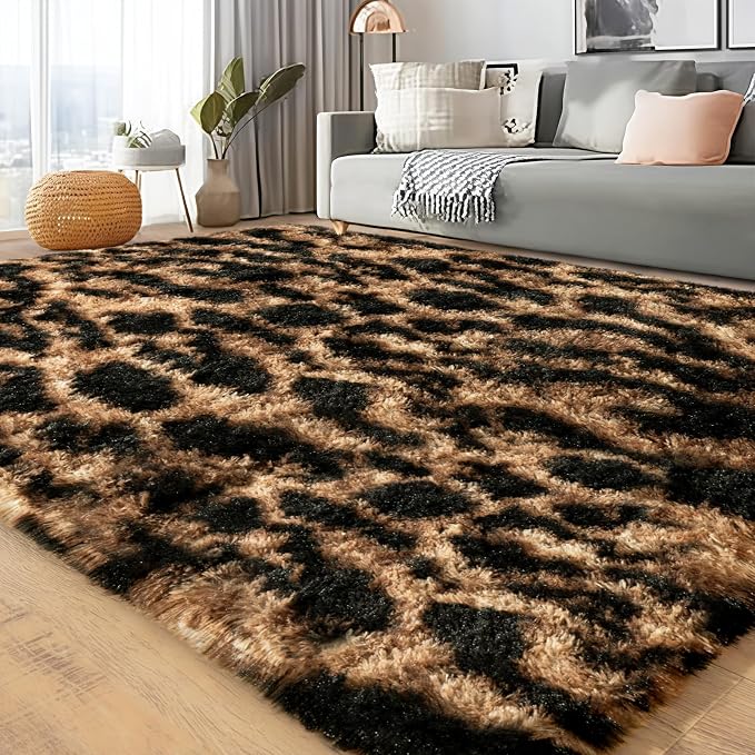 Large Area Rugs for Living Room Bedroom 4x6 Leopard Fluffy Shag Rugs | Ultra Soft Cheetah Shaggy Plush Fuzzy Modern Indoor Throw Floor Carpet for Kids Girls Boys Dorm Nursery Home Decor Aesthetic