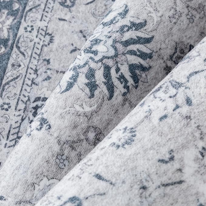 PureCozy 3x5 Area Rug Blue Washable Entryway Vintage Carpet Office Small Non Slip Stain Soft Resistant Low Pile Thin Boho Accent Indoor Throw Rug for Laundry Kitchen Bathroom Entrance Bedroom