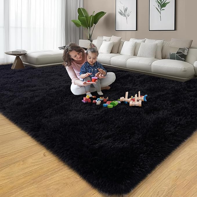 qulint Black Rug for Living Room, 9x12 Shag Rug for Bedroom Soft Shaggy Large Area Rug for Living Room, Fuzzy Plush Carpets for Boys and Girls Dorm Room Home Decor (9ft x 12ft, Black)