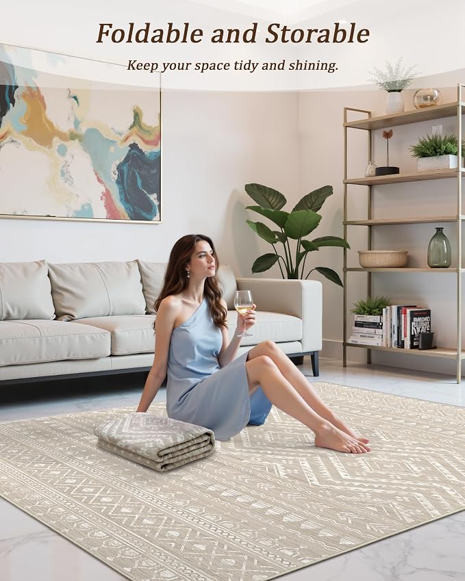 Miukiki 5x7 Area Rug for Living Room Moroccan Washable Rugs Non Slip Indoor Floor Carpet Foldable Large Soft Area Rug for Dining Room Bedroom with Low Pile(Brown,5'x7')