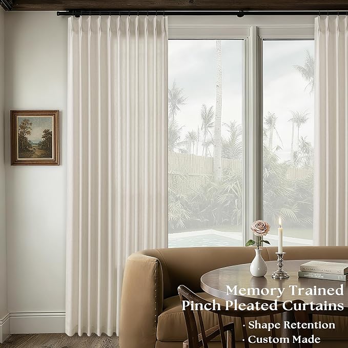 Greige Linen 102 Inch Curtains 72 Inch Wide Privacy Pinch Pleated | Light Filtering Semi Sheer, Extra Wide Curtain, for Patio Balcony Living Room, Oatmeal Drapes, Hooks Rings, Back Tab, 72x102