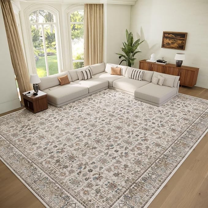 Boho Washable 10x14 Area Rugs for Living Room, Cushioned, Cream/Blue | Vintage Non-slip Neutral Oriental Rugs for Bedroom Dining Room Nursery Office High Traffic Area