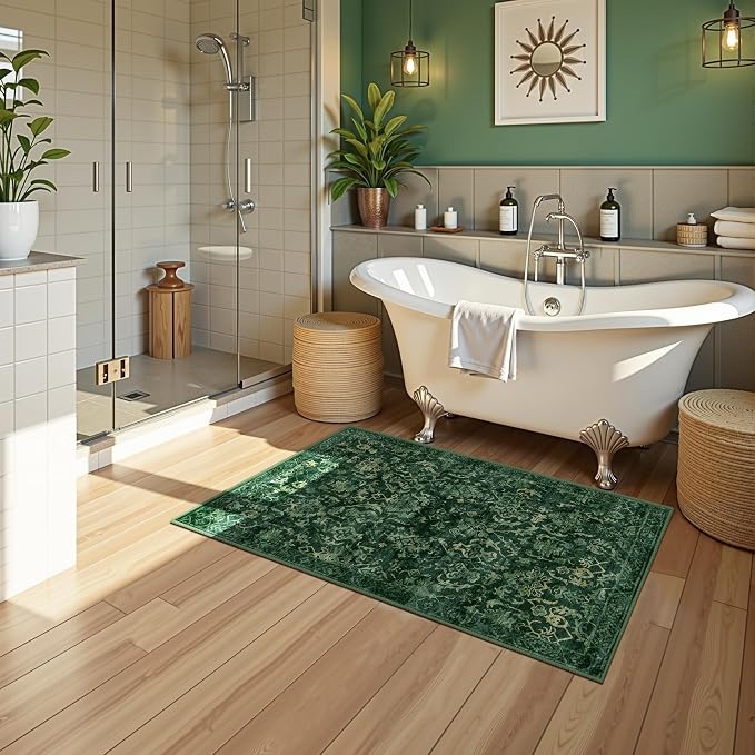 Dark Green 2x4 Runner Rug for Hallways Bed Side Kitchen, Boho Washable Distressed Low-Pile Floor Entryway Long Bathroom Mat, Non-Slip Laundry Room Washstand Front Carpet Green 24x48 Inch
