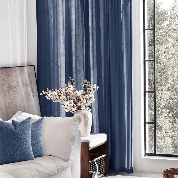 Navy Blue Curtains 63 Inch Length for Bedroom Back Tab Light Filtering Semi Sheer Living Room Curtains Linen Cotton Textured Indigo Drapery Panel Modern Farmhouse Aesthetic Decor