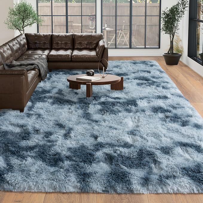 8x10 Area Rugs for Living Room, Dark Blue Tie-Dyed Plush Fluffy Carpet | Upgrade Non-Slip Thick Large Blue Area Rug for Nursery Kids Room Dorm Room Home Decor, Indoor Plush Floor Carpet
