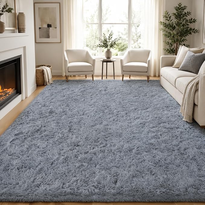 Area Rug for Living Room Bedroom: 8x10 Grey Soft Fluffy Shag Upgrade Non-Slip High Pile Carpet Large Fuzzy Plush Indoor Floor Decor Shaggy Rug for Kid Boys Girls Dorms Playroom Nursery Modern Home