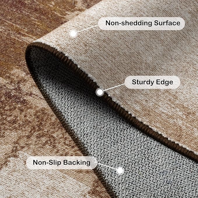 Kelarea Living Room Rug, 10x14 Rug Modern Abstract Washable Rugs, Brown Vintage Low Pile Carpet, Non Slip Large Rugs for Bedroom, Dining Room, College Dorm, Home Office