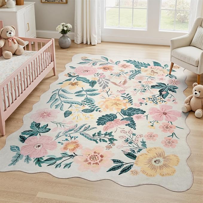 DCX Pink Floral Rug 5x7, Washable Pink Rug for Living Room, Kid & Pet Friendly with Rubber Back Non Slip, Soft Low Pile Carpet, Stain Resistant Rug for Bedroom, Nursery, Dining Room