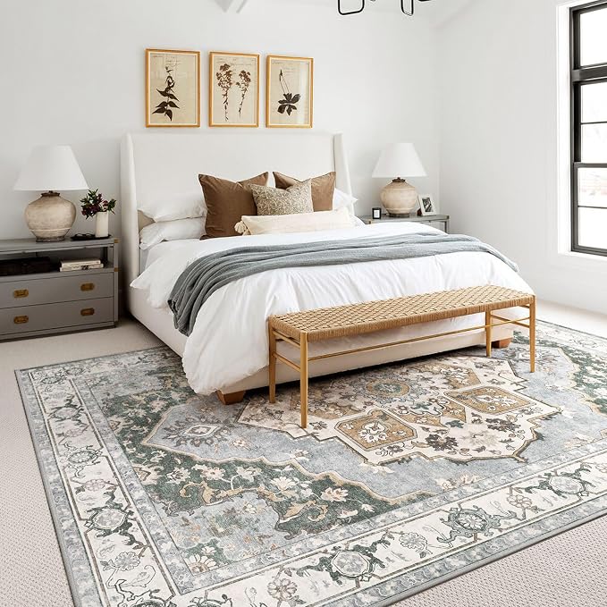 5x7 Washable Area Rug: Vintage Neutral Soft Non Slip Thin Large Floor Carpet for Living Room Bedroom Kitchen Dining Room Home Office Farmhouse Indoor - Green