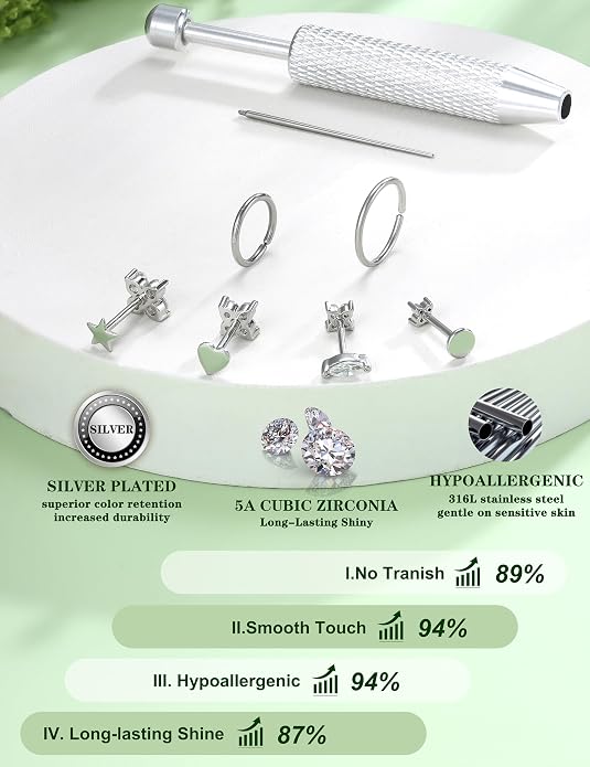 Drperfect 18G Reversible Flat Back Stud Earrings for Women Hypoallergenic Surgical Steel 14K Gold Silver Plated Internal Thread Stud Piercing Jewelry for Tragus Helix Cartilage Conch Piercing