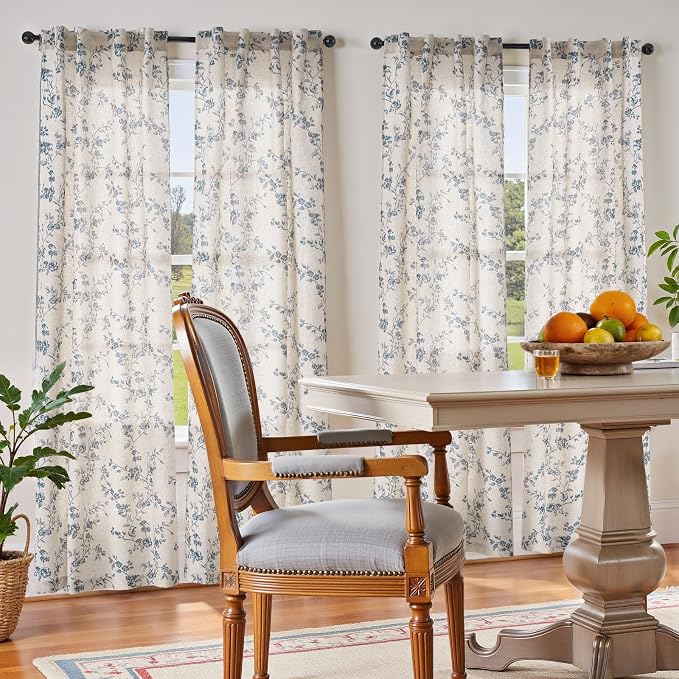 jinchan Blue Floral Linen Curtains 90 Inch Country Drapes Back Tab 2 Panels | Blue on beige, light filtering, farmhouse, rustic, flower, living room, bedroom, dining room, window treatment, home decor