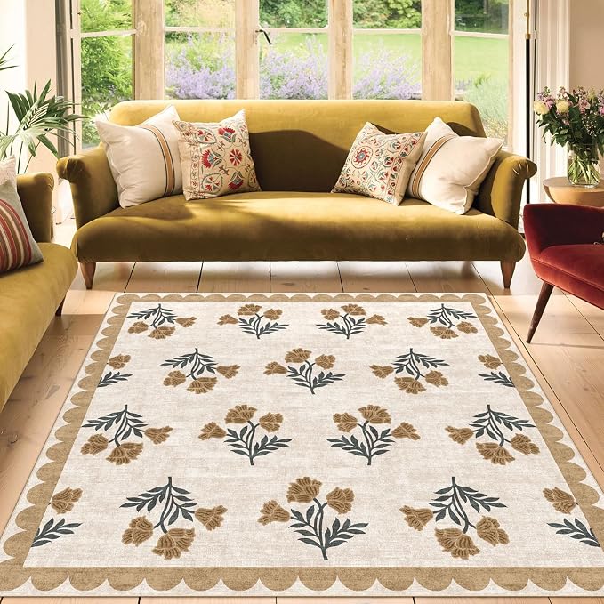 Beige Square Rugs 6ft - Soft Washable Boho Farmhouse Living Room Rug 6x6 Stain Resistant Dining Room Rugs for Under Table Cottage Floral Scalloped Area Rug for Bedroom Nursery Twin Beds Room