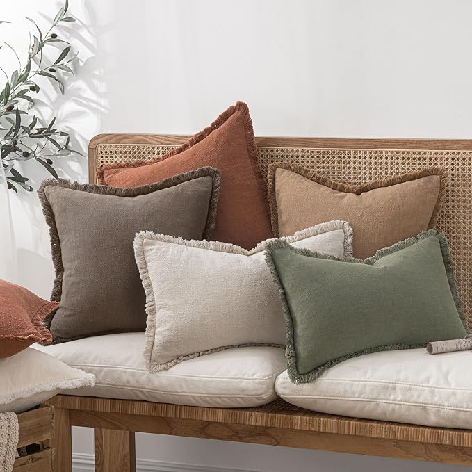 MIULEE Decorative Throw Pillow Covers Neutral Linen Fringe Throw Pillows Euro Shams Set of 2 Natural Coffee Boho Farmhouse Cushion Covers for Couch Sofa Bed Living Room Fall Home Decor 22x22 Inch