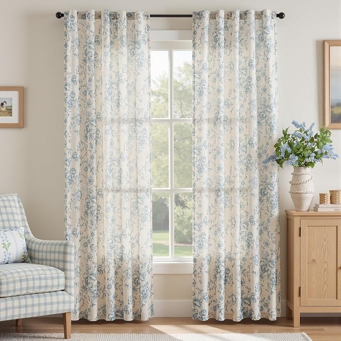 jinchan Blue Floral Linen Curtains 84 Inch Vintage Back Tab 2 Panels | Light filtering drapes, semi sheer, farmhouse, cottagecore, rustic, living room, bedroom, rod pocket, window treatment
