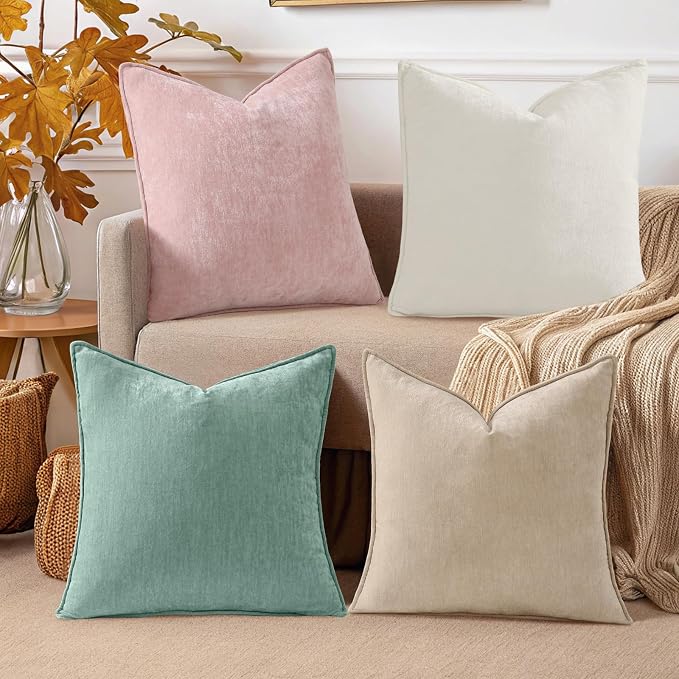 decorUhome Set of 4 Chenille Throw Pillow Covers 20x20 (Beige/Pink) | Couch Decorative Soft Neutral Pillow Covers with Elegant Design for Living Room Bed Sofa