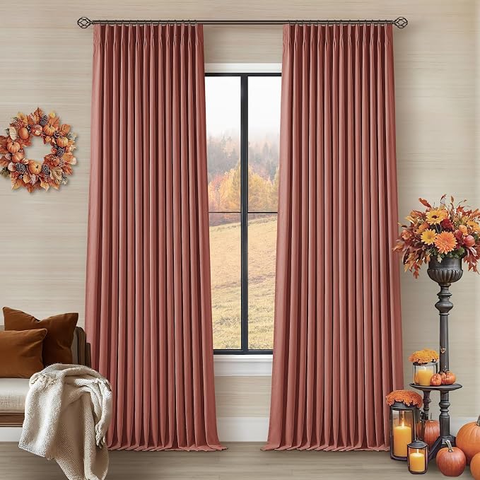 Terracotta Pinch Pleated Linen Blackout Curtains 90 Inches Long for Bedroom | 100% Black Out Thermal Insulated, Pinch Pleat with Ring Hooks Back Tab, Room Darkening Drapes with Liner, for Living Room