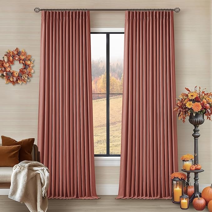 TWODRAPES Terracotta Pleat Linen Blackout 102 Inch Curtains for Bedroom | 100% Black Out Thermal Insulated, Pinch Pleat with Rings Hooks, Room Darkening Drapes with Liner, for Living Room W40xL102