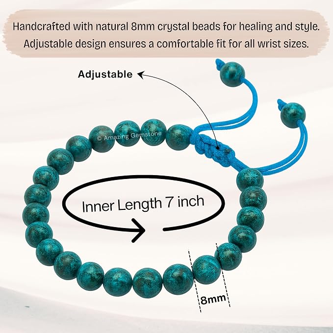 Amazing Gemstone Chrysocolla Bracelet, Gifts for Men & Women - Protection Healing Crystal Bracelet - 8mm Gemstone Beaded Adjustable Bracelet, Pulseras para Hombres Mujer Stocking Stuffers