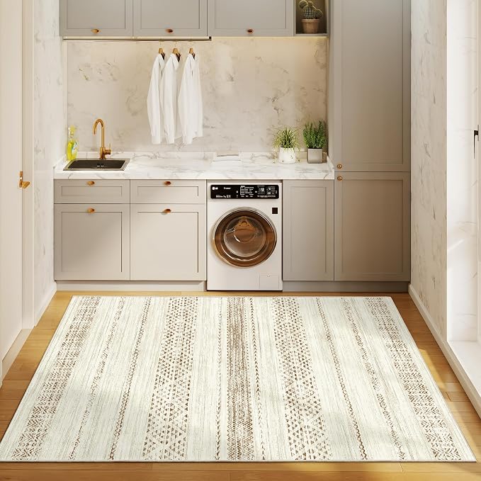 3x5 Washable Rug Moroccan Small Entryway Rug Non Slip Indoor Floor Carpet Foldable Thin Rugs for Kitchen Bedroom with Low Pile(Brown,3'x5')