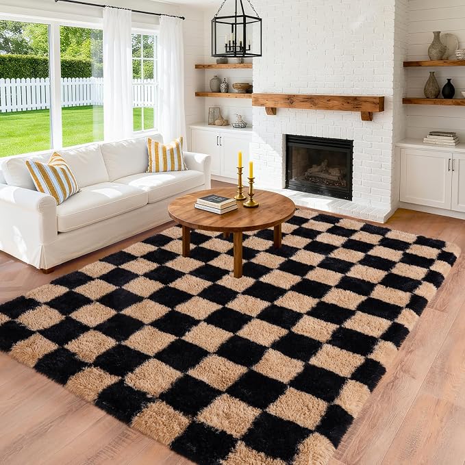 Pionblank Fluffy Area Rug for Bedroom 5x7, Modern Indoor Shag Carpet, Soft Plush Non Slip Checkered Rugs for Living Room Kids Room Home Decor, Black and Beige